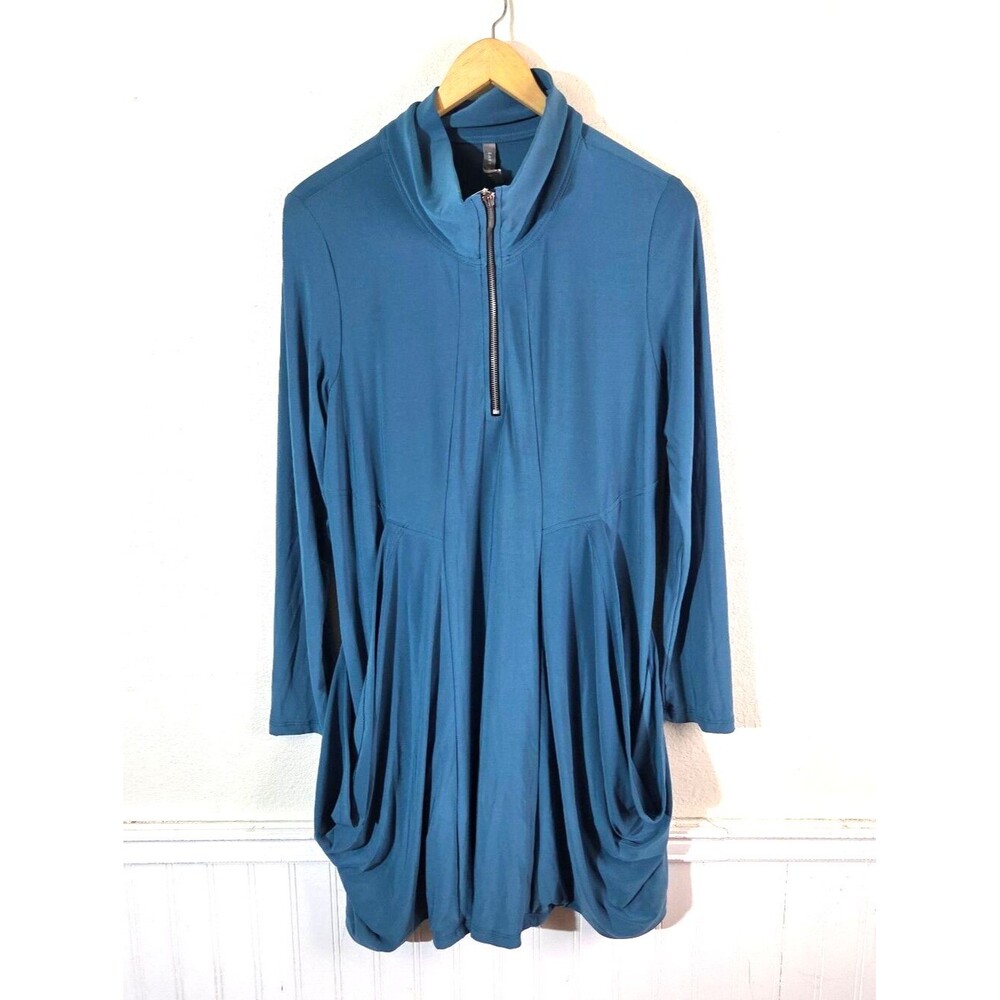 Last Tango Longline Tunic Jacket L Teal Blue Draped Lagenlook Stretch Large
